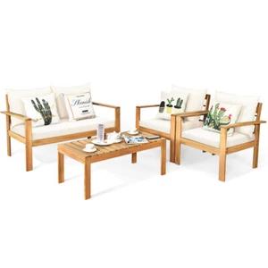 Patio 4PCS Furniture Set Acacia Wood Thick Cushion Loveseat Sofa Off White - Picture 1 of 10