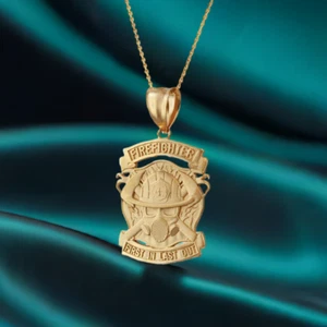 Satin Gold Firefighter Fire Rescue Pendant Necklace - Picture 1 of 20