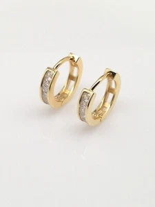 925 Sterling Silver Cz Gold Huggie Hoop Earrings Mens Womens 12mm x2.5mm - Picture 1 of 8