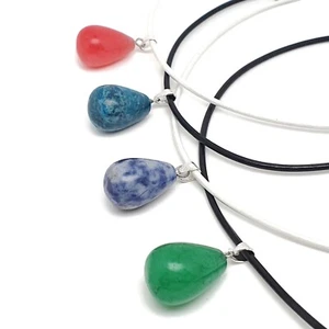 Natural Gemstone Teardrop Necklace Leather Cord Crystal Chakra Pendant Handmade - Picture 1 of 81