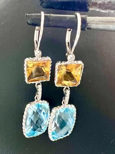 14K White Gold Natural 10.40CT Emerald Blue Yellow Topaz Diamond Drop Earrings - Picture 1 of 12