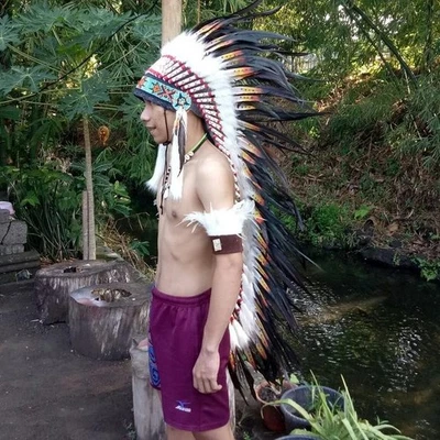 Long Feather Warbonnet Headdress Hat Handmade Indian Cosplay Carnival Halloween - Image 1 of 4