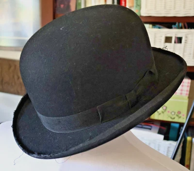 Antique Vintage Mallory Bowler Derby Hat Black Sz 7 1/4 Hard Shell Edge Damage - Image 1 of 4
