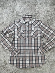 Guess Shirt Mens Small Brown Gray Plaid Western Button Down Embroidered Casual - Picture 1 of 11