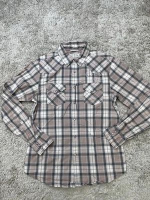 Guess Shirt Mens Small Brown Gray Plaid Western Button Down Embroidered Casual - Image 1 of 4