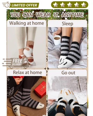 6 pares de calcetines para mujer difusos de invierno mullidos acogedores cálidos lindos con patrón de pata de gato/tigre Foto 1 de 4