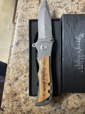 Engraved Wooden Handle Folding Knife with Damascus Steel Blade - Image 1 of 2