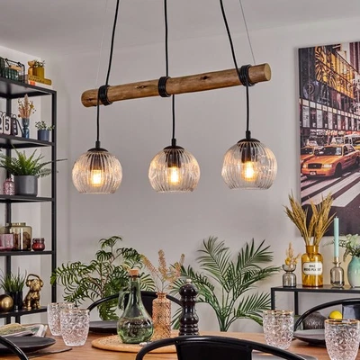 HOFSTEIN Retro Boho Decken Hängelampe mit Glasschirmen, Metall & Holzbalken Pendelleuchte