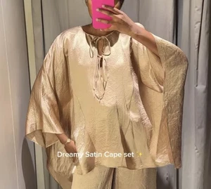 CAMISA TOP ZARA METALIZADA DORADA/VERDE ACANALADA CAPA SATINADA PONCHO MANGA KIMONO M - Imagen 1 de 24