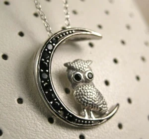 Gothic Sterling Silver Black Onyx Owl Setting on the Moon Chain Necklace - Picture 1 of 9