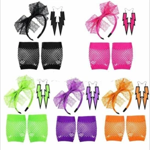 New 80s Accessories Fishnet Gloves Earrings Headband Hen Party Fancy Dress Set - Picture 1 of 13