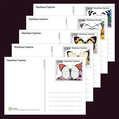 Butterflies MNH Stationery Cards 2022 Togo Set of 5 Cards 100% Recycled Paper - Image 1 of 4