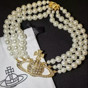 Vivienne Westwood Necklace Three Row Triple Pearl Choker Gold Necklace BOX - Picture 1 of 9