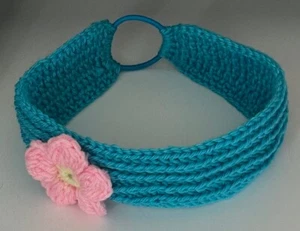 HANDMADE CROCHET BLUE/PINK FLOWER headband knit LIKE pattern WOMEN/JUNIORS - Picture 1 of 4