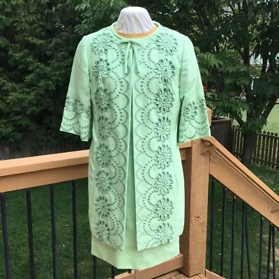 60s Vintage Edith Flagg Sheath Dress And Lace Jacket Two Piece Set Sage Green 10 - Image 1 of 4