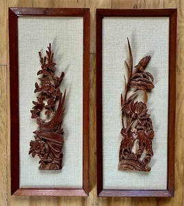 Coppia di uccellini floreali MCM ANNI '60 intagliati arte da parete incorniciati 3D - Foto 1 di 9