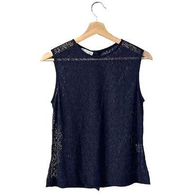 Equipment Reagan Lace Sleeveless Top Size XS Navy Blue Sheer Shell Tank Button - Image 1 of 4