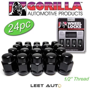 (24pc.) Gorilla Lug Nuts + Wheel Locks, 1/2" Thread, Bulge Acorn, Black Chrome - Picture 1 of 5