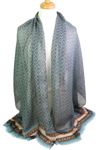 27"x74" Lands' End BLAU BRAUN SEIDE GEOMETRISCH BLUMEN HANDGEROLLT WICKELTUCH SCHAL (G40 - Bild 1 von 7