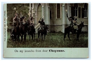 On my Broncho from Dear Cheyenne Western Postcard Outlaws Firing Guns F4 - Picture 1 of 2