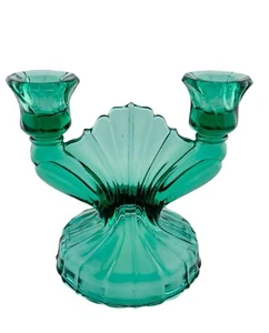 Jeanette Ultramarine Swirl Double Blue Green Fan Candlestick Holders Set 2 VTG - Picture 1 of 14