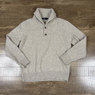 J. Crew Sweater Mens L Beige Cowl Neck 1/4 Button Tight Knit 100% Lambswool F6 - Image 1 of 4