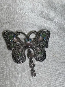 VTG Butterfly Broach Pin 2" silver-tone pink green purple blue jewels costume - Picture 1 of 4