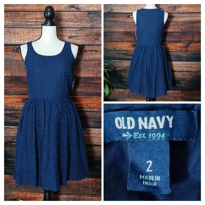 Old Navy Dress Size 2 Fit & Flare Eyelet Embroidered Navy Blue Lined Zip - Image 1 of 4