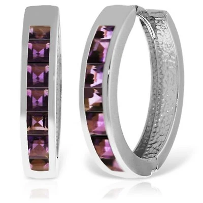 1.20 Carat 14K White Gold Hoop Huggie Gemstone Earrings w/ Natural Amethysts - Image 1 of 4
