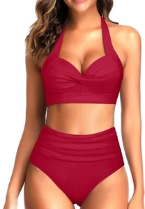 Medium 8-10 Women's Red Retro Ruched High Waist Bikini 2 Piece Set Tie & Hook - Picture 1 of 3
