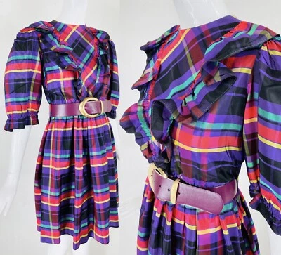 Vestido de noite curto vintage YVES SAINT LAURENT YSL roxo xadrez de seda com babado, P - Imagem 1 de 4