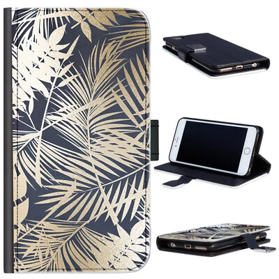 Gold Tropical Leaf Phone Case For iPhone 13/12/11/Pro/Max;PU Leather Flip Cover - Image 1 of 4