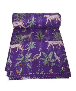 Indian Kantha Quilt Reversible Bedding Cotton Zebra Print Handmade Bedspread