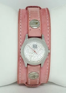Ladies Marc Ecko Non Stop Silver Tone Gemmed Pink Leather Band Watch E65001L3 C5 - Picture 1 of 11