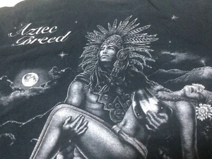 AZTEC WARRIOR WITH LADY PYRAMID MOON AZTEC BREED ETERNAL UNTAMED T-SHIRT Y2K Med - Picture 1 of 11