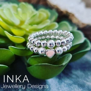 INKA Sterling Silver stacking Stretch Ring Thumb rings set of 2 with Heart Charm - Picture 1 of 5