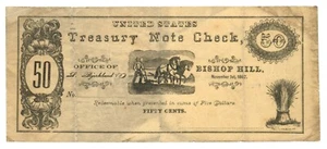 1862 US Treasury Note Check, Bishop Hill, Illinois 50c Obsolete Note (59703) - Picture 1 of 2