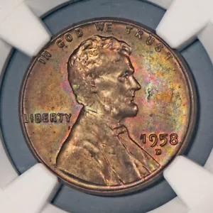 1958-D 1c Lincoln Cent - Neon Rainbow Accent Toning - NGC MS 65 BN - SKU-X4513 - Picture 1 of 14