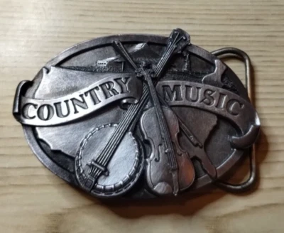 Vintage música country banjo violín 1984 Siskiyou peltre hebilla de cinturón Foto 1 de 4