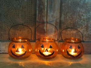Jack O Lantern Calabazas Portavelas Azulejos Primitivo Halloween Decoración Set 3 - Imagen 1 de 6