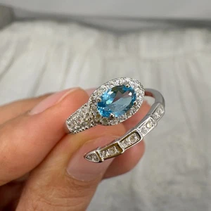 925 Sterling Silver Ring Oval Blue Topaz 6x4mm Natural Gemstone Zircon Jewelry - Picture 1 of 9