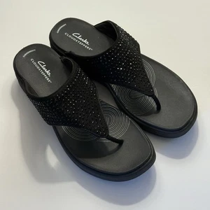 Clarks Cloudsteppers Sandals Womens 9 M Thong Flip Flop Black Beaded Shoes - Picture 1 of 10