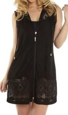 DOTTI Negro Ojales Encaje Capucha Cremallera Frontal Piscina Playa Cubrir Mediano Foto 1 de 4