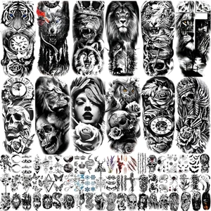 82 Blatt Temporäres Tattoo für Männer Frauen Erwachsene, inkl. 12 Blatt Schwarz 3D Hälfte - Bild 1 von 12