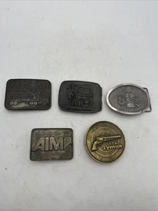 5 Vntg 70s Brass Belt Buckle LOT CAT Diesel Keep On Trucking Squeezer AIM Lyman - Picture 1 of 24