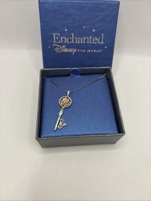 Disney Belle Diamond Rose Key Pendant W/ Necklace 925 Sterling Silver - Image 1 of 4