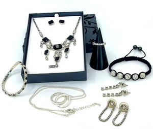 Rhinestone Bling Lot 8 Necklaces Bracelets Earrings Ring 1990s Fashion Jewelry - Picture 1 of 18