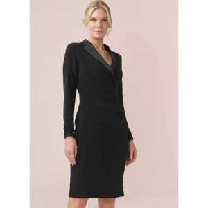 Vestido Esmoquin Adrianna Papell Jersey Satinado Manga Larga Formal Midi Negro, Talla 16 - Imagen 1 de 12