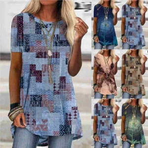 Women Casual Summer Long Tops Blouse Ladies Ethnic Printed Tee Shirts Plus Size - Picture 1 of 60