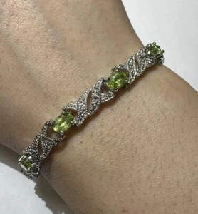 FAS Firmato Peridoto Verde Strass Argento Sterling 7 " Xx Braccialetto Tennis - Foto 1 di 7